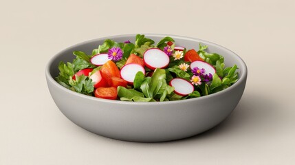 Wall Mural - Fresh Vibrant Salad with Radishes, Tomatoes and Edible Flowers in Gray Bowl