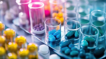 Poster - An advanced laboratory in the pharmaceutical industry, with scientists developing and testing new drugs under strict safety protocols.