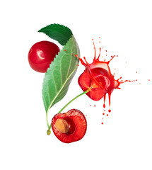 Wall Mural - Whole and sliced cherries with flowing juice close-up isolated on white background