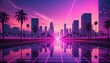 Retro Futuristic Cityscape With Neon Lights And Palm Trees At Sunset Reflecting On A Wet Road