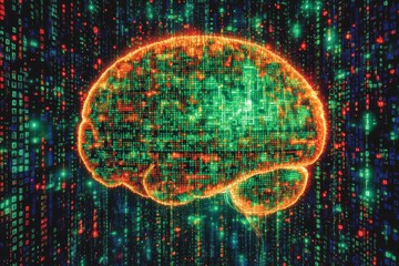 Poster - Futuristic brain with vibrant data streams and glowing patterns.