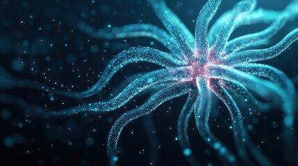 Poster - a glowing abstract representation of a cellular organism in dark background.