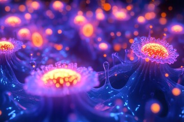 Poster - Vibrant abstract microscopic view of glowing cells with intricate details and colors.
