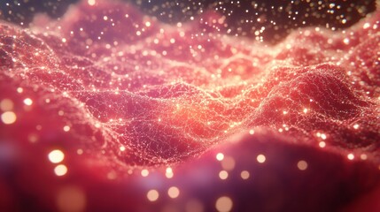Poster - vibrant abstract landscape of illuminated waves and particles in red and gold hues.