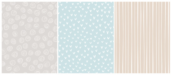 Trendy Seamless Childlike Vector Patterns. Abstract Doodle Print. White Hand Drawn Circles, Hearts and Stripes on a Beige, Gray and Pastel Blue Background. Simple Irregular Geometric Pattern. 