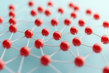 Poster - Abstract molecular structure with red spheres and interconnecting bonds on blue background.