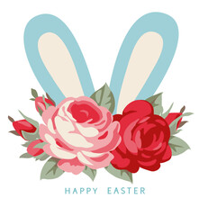 Aufkleber - Happy Easter design template. Holiday white background with Easter Bunny Ears and decorative pink and red rose with leaves isolated on white. Happy Easter text. Vector stock illustration.