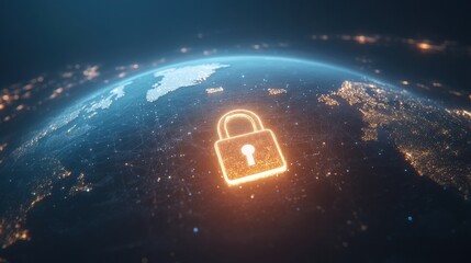 Poster - Glowing padlock symbolizing security and protection the globe network.