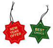 © Gizele - Set of decorative red and green paper price tag template. Star label with tied black rope isolated on white. Beautiful new year or Christmas sale decoration for your design. Vector stock illustration