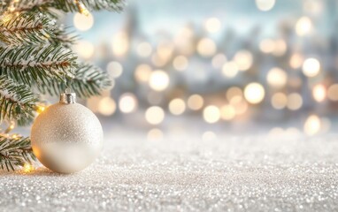 Poster - sparkling christmas ornament hanging from a winter tree branch with soft bokeh background.