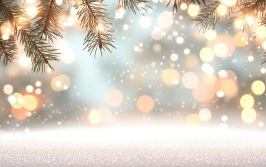 Poster - sparkling holiday lights with softly falling snow and festive evergreen branches.