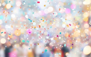 Poster - colorful confetti falling a festive, blurred background filled with lights.