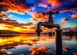© Arnada - Silhouette of an Outdoor Water Faucet Lock at Dusk Against a Colorful Sunset Sky with Reflections on Nearby Water Surfaces, Highlighting Security and Functionality in a Garden Setting