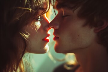 A romantic close-up of two people about to kiss, capturing intimacy and connection.