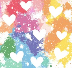 Poster - Colorful abstract background with scattered hearts in a playful, artistic style.