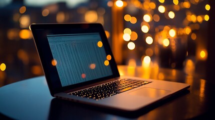 Poster - Laptop on table at night with bokeh lights.