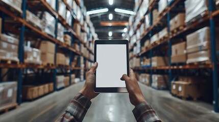 Poster - A person holding a tablet in a warehouse filled with stacked boxes.