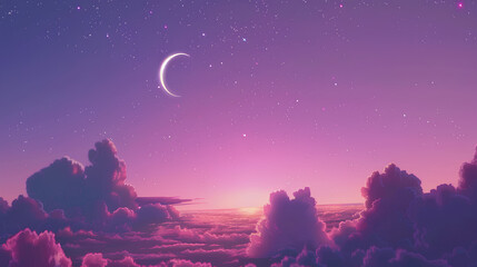 Wall Mural - anime-inspired pink and purple sky with a crescent moon, clouds, and stars - a lo-fi anime backgroun