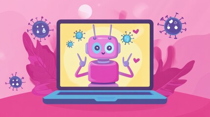 Poster - Cartoon Robot on Laptop Surrounded by Virus Illustration