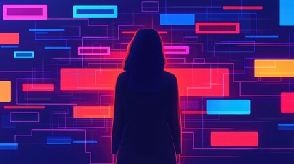 Canvas Print - A silhouette of a person in front of a vibrant, colorful digital backdrop filled with geometric shapes and bright neon lights.