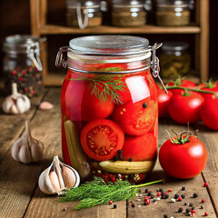 Poster - A glass jar filled with pickled tomatoes.Home Canning