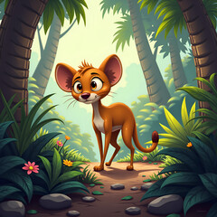 Canvas Print - A curious young animal strolling through a lush jungle path surrounded by vibrant flora and sunlight, digital art of character design concept.