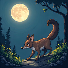 Wall Mural - curious fox strolling under the bright moonlight in a moonlit forest scene, digital illustration of 
