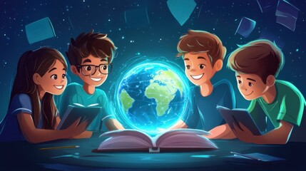 Poster - Children Engaged in Learning with a Glowing Globe and Books