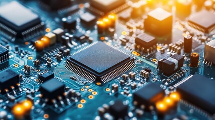 Poster - An electronics industry assembly line with microchips and processors being manufactured, highlighting intricate technology production.