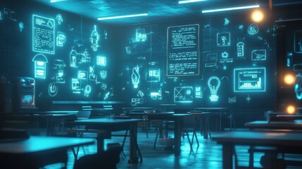 Poster - Futuristic Classroom with Neon Technology Graphics on Walls