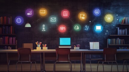 Poster - Modern Workspace with Digital Icons on Wall and Desk Setup