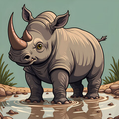 Canvas Print - Charming rhinoceros stands at the water s edge, capturing nature s beauty in a serene moment, digital illustration of wildlife art concept.