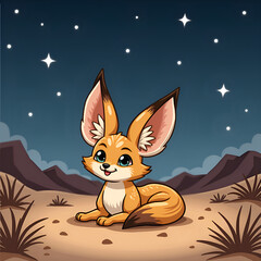 Canvas Print - A cute fennec fox sitting under a starry sky in a desert landscape, digital art of character design concept.