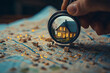© Martinesku - Hand holding magnifying glass and looking at house model, house selection, real estate concept. Concept of rent search purchase real estate.