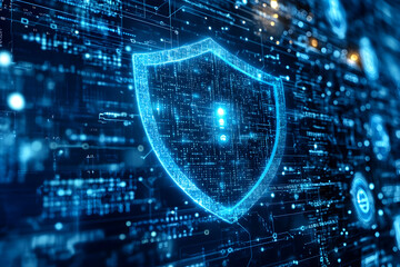 Poster - Digital shield cybersecurity protection concept.