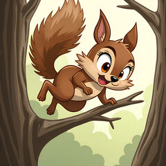 Canvas Print - Playful squirrel leaping through branches in a lush forest setting, digital painting of character illustration concept.
