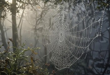 Morning fog gently clings to the intricate threads of a cobweb, cobweb, morning