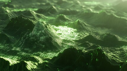 Fototapete - Futuristic Digital Landscape with Glowing Green Terrain and Data Lines