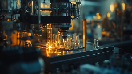 Poster - Automated pharmaceutical vial filling machine in operation.