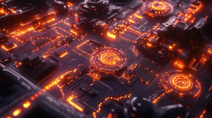 Poster - Futuristic Circuit Board with Glowing Orange Lights and Details