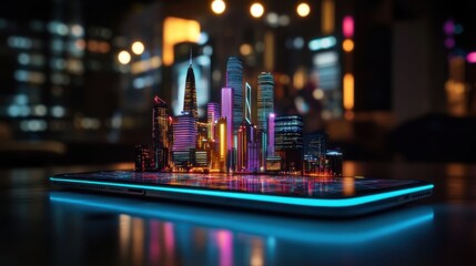 Poster - Futuristic Mobile Phone Displaying a Virtual Cityscape at Night