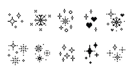 Poster - Winter decor set. Snowflake in pixel art style. Abstract game black elements. Simple geometric vector Christmas icons. Crystal, heart, star sparkle shine. Magic holiday pixels design. White background
