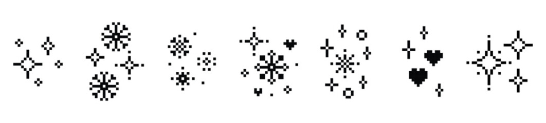 Poster - A set of snowflake in pixel art style. Abstract winter black vector elements. Simple geometric vector Christmas icons. Crystal, heart, star sparkle shine. Magic holiday pixels design. White background