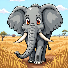 Canvas Print - Playful cartoon elephant in a sunny savanna landscape with golden grass and trees, digital illustration of character design concept.