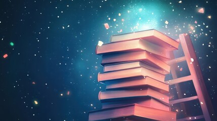 Wall Mural - stacked books with magical atmosphere and cosmic background