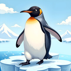 Wall Mural - A majestic penguin standing proudly on an iceberg against a scenic polar background, digital illustration of animal portrait concept.