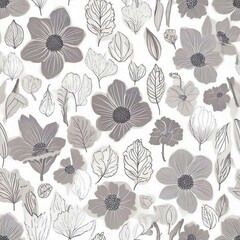 Wall Mural - Seamless pattern of a Set of minimalist floral, gray color, isolated on white background