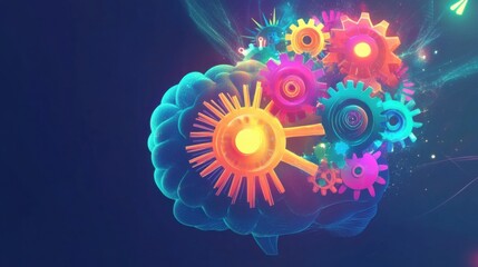 Poster - Colorful Brain with Gears Representing Cognitive Processes and Ideas