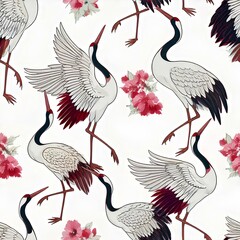 Wall Mural - Seamless pattern of a Set of crane, isolated of Japanese kimono style on white background.