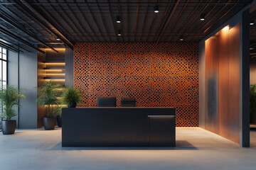 Wall Mural - 3d rendering, An office with concrete walls and an abstract ceiling made of rusted metal. The desk is in front of it, and there are some green plants around